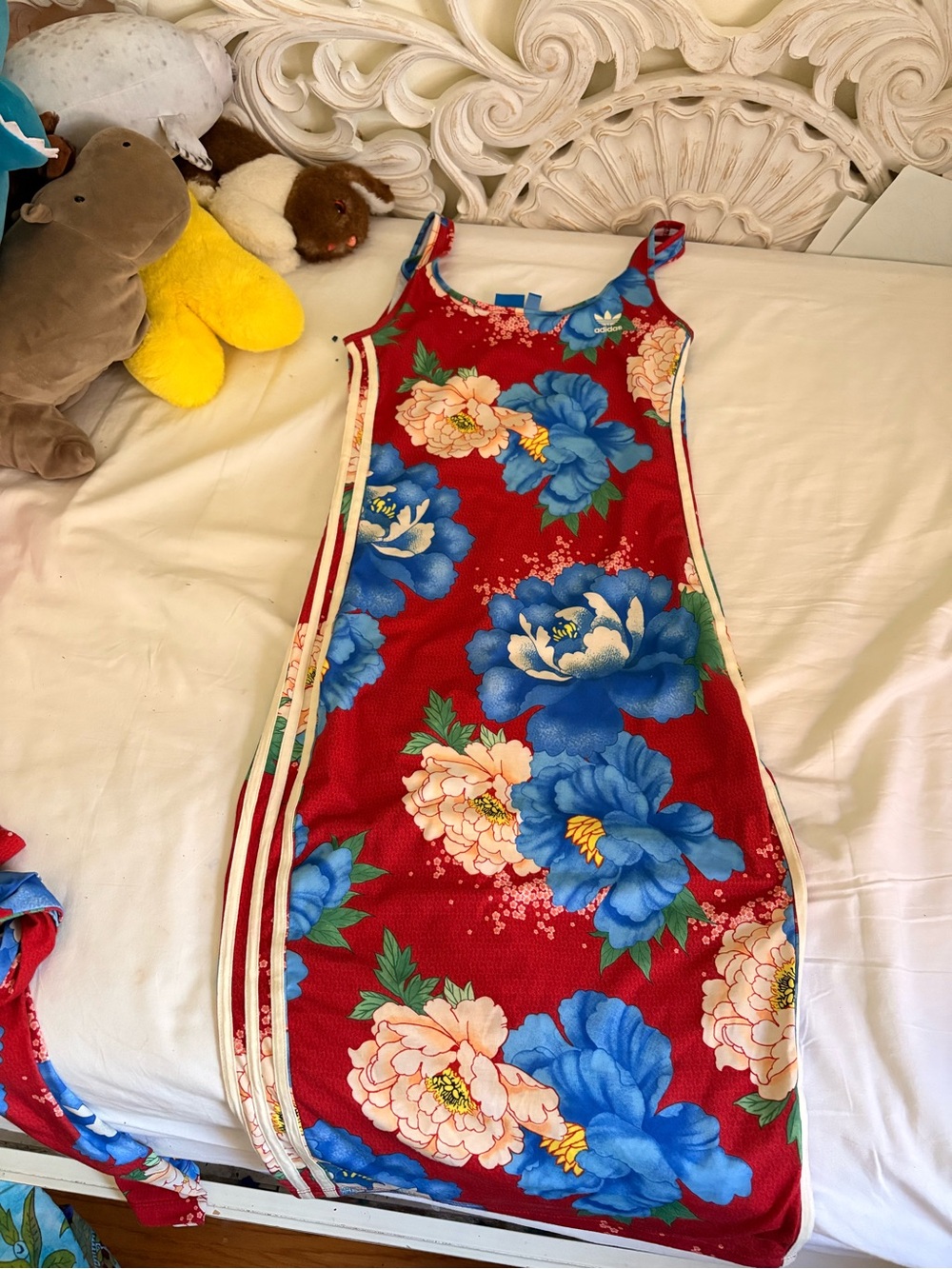 Red Floral Midi Dress with Blue & Peach Flowers